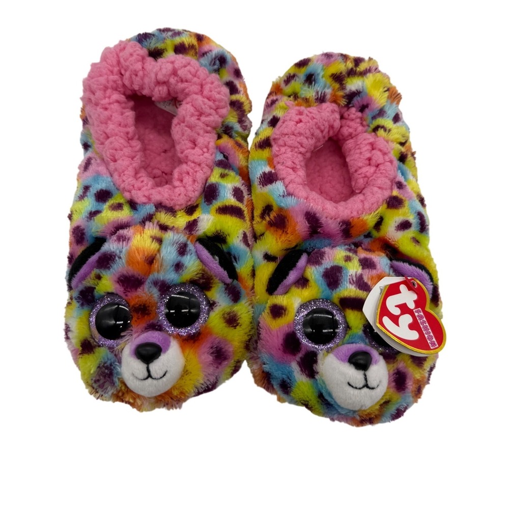Ty Giselle‎ Leopard Unicorn Slippers Kids Size 4-6 Multicolor Plush Beanie Boos